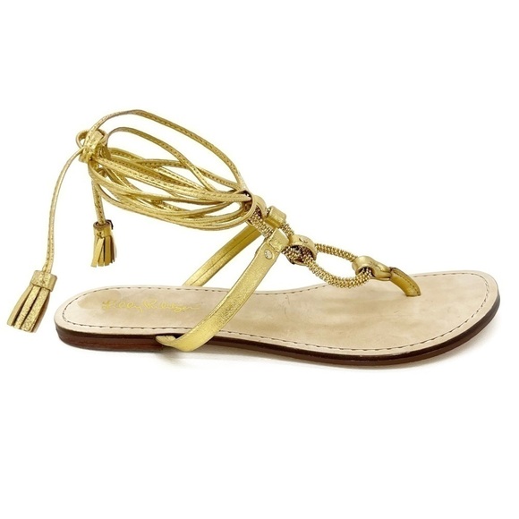 Lilly Pulitzer Lacey Sandals Strappy Leather Thong Women’s Size 8 Metallic Gold - Picture 4 of 14